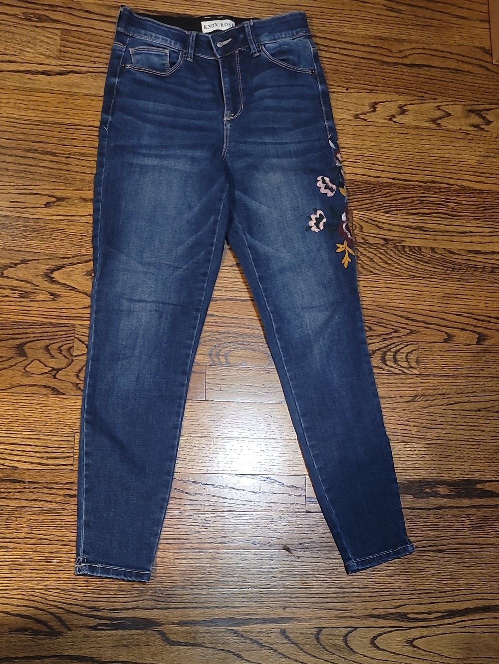 Knox Rose Dark Blue Skinny Jeans with Side Floral Embroidery